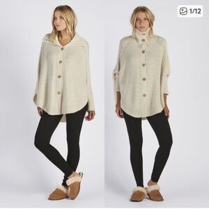Ugg Maribeth Cream Cable Knit Cape Sweater Funnel Neck Wooden Buttons-Sz S